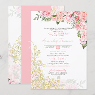 Rosa Peony och Guld Blommigt Quinceanera Quince An Inbjudningar