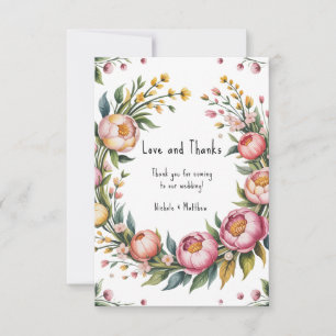 Rosa Peony och Gult Blommigt Bröllop Tack Kort