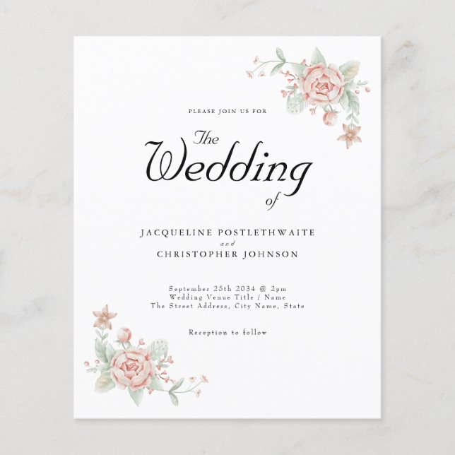 Rosa Peony om inbjudningar till budgetbröllop Flygblad (Framsidan)