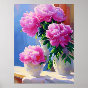Rosa Peony Painting, Peonies Flower Wall Art Poster