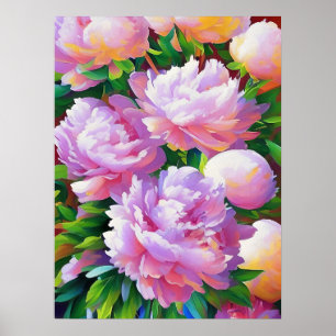 Rosa Peony Painting, Peonies Flower Wall Art Poster