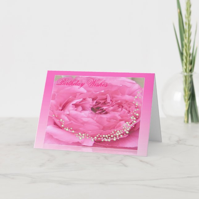Rosa Peony & Pearls Birthday Card Kort (Framsida)