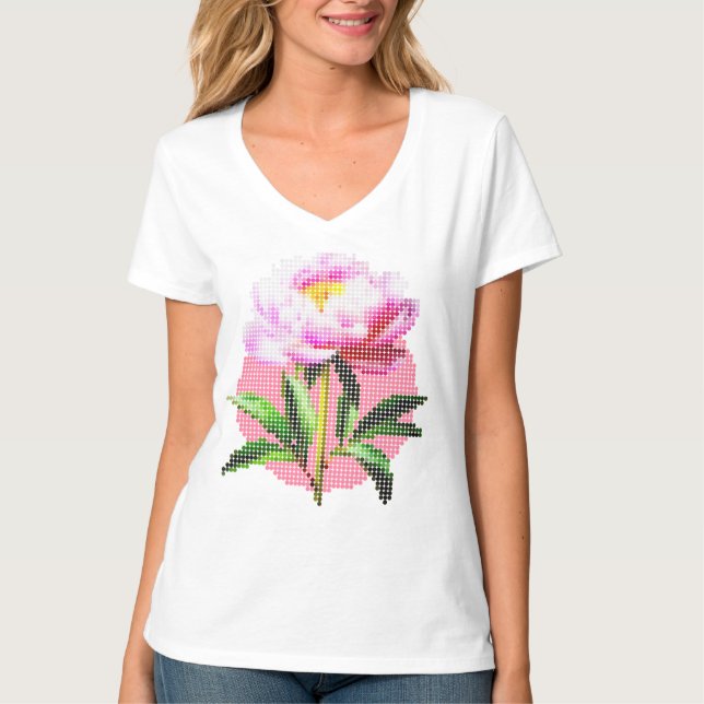Rosa Peony Prickig Moasikblomma V-ringad T Shirt (Framsida)