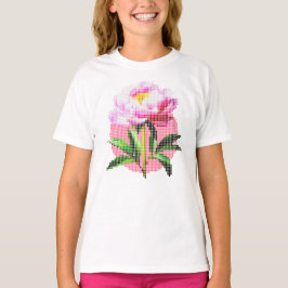 Rosa Peony Pricklig Mosaik Blomma Barn T Shirt
