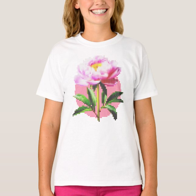 Rosa Peony Pricklig Mosaik Blomma Barn T Shirt (Framsida)
