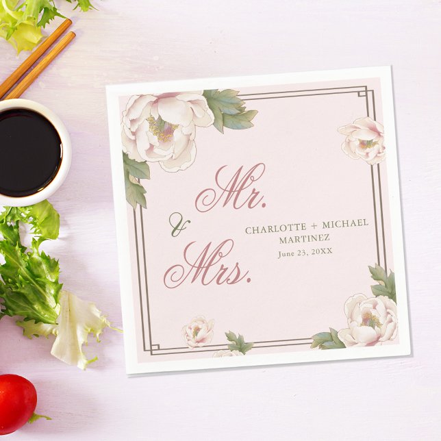  Rosa Peony Ro Blommigt Bröllop Mr. och Mrs. Pappersservett (Skapare uppladdad)