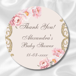 Rosa Peony Rococo Blommigt Baby Shower Tack Runt Klistermärke
