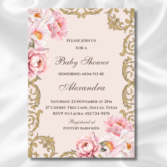 Rosa Peony Rococo Vintage Blommigt Baby Shower Inbjudningar (Skapare uppladdad)