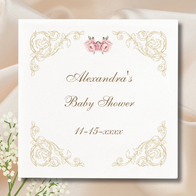 Rosa Peony Rococo Vintage Blommigt Baby Shower Pappersservett (Skapare uppladdad)