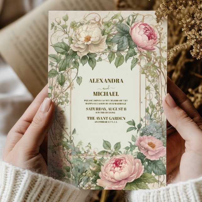 Rosa Peony Romantic Art nouveau Bröllop Inbjudningar (Skapare uppladdad)