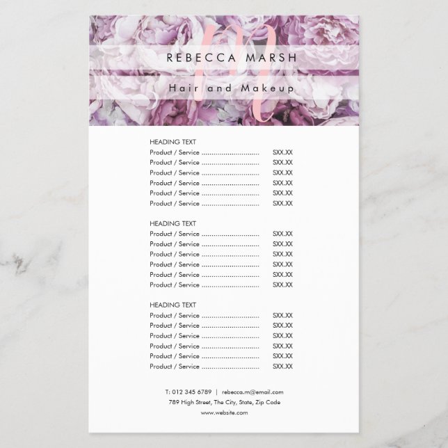 Rosa Peony Script Monogram Salon Service Menu Flygblad (Framsidan)