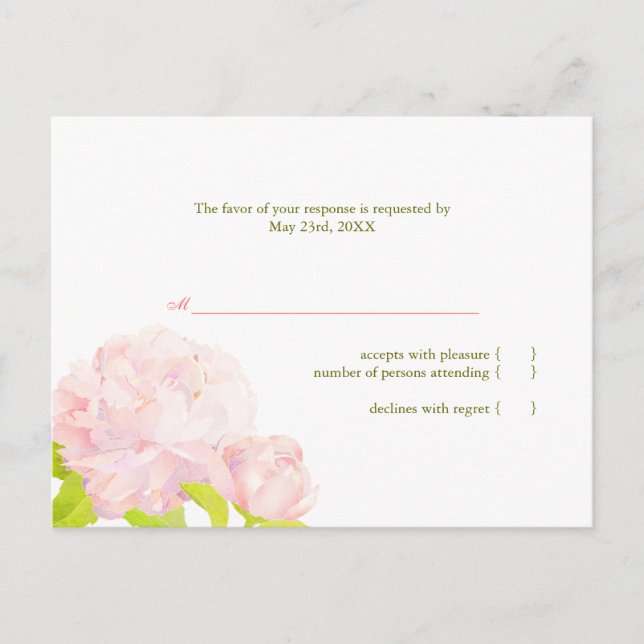 Rosa Peony Simple Bröllop OSA Inbjudan Vykort (Framsida)