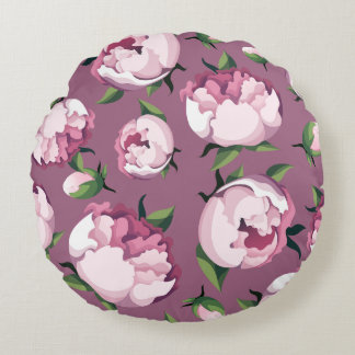 Rosa Peony Sömlöst Blommigt Mönster på Mauve Rund Kudde