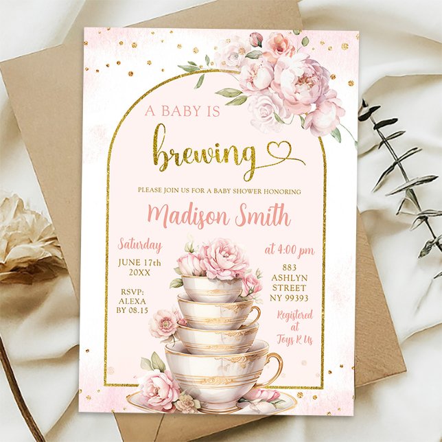 Rosa Peony Tea Party Baby Shower Inbjudningar (Skapare uppladdad)