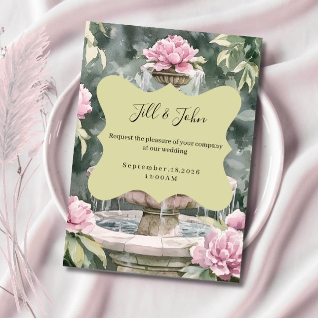 Rosa Peony Trädgård Fontän Bröllopsinbjudningar Inbjudningar (Skapare uppladdad)