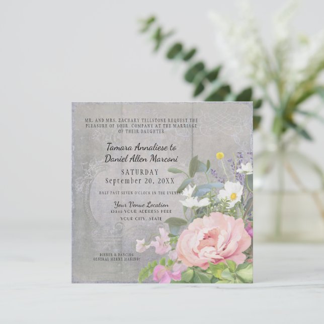 Rosa Peony Vild Margueritblomma Grå Rustik Trä Inbjudningar (Stående Fram)