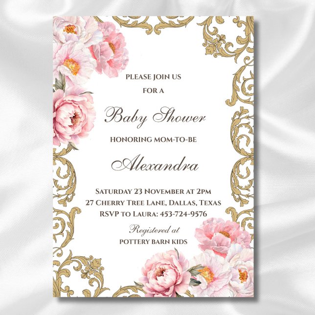 Rosa Peony Vintage Rococo Blommigt Baby Shower Inbjudningar (Skapare uppladdad)