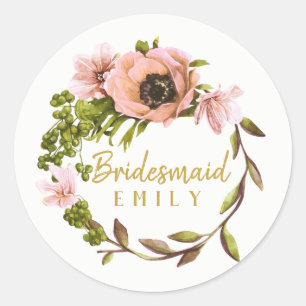 Rosa Peony WAN Bridesmaid Namn ID456 Runt Klistermärke