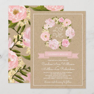 Rosa Peony WAN Kraft Papprare Bröllop Inbjudningar