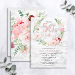 Rosa Peony Wandan Ro Guld Marble 50 & Fabulous Inbjudningar<br><div class="desc">Händer ner min favoritdesign hittills, den här fantastiska födelsedagsinbjudan har de vackraste blommigtarna jag någonsin sett - så realistiska de ser ut som foton! Ett andetag av rosa och ädelsten, dahlias, allium bollar, eucalyptus grenar och ett ömtåligt burgundchrysanthemum runt en ro-faux-folie med "50 & fantastiska" handskriftsformat, ovanpå en vacker vit...</div>