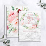 Rosa Peony Wandan Ro Guld Marble 90:e Inbjudningar<br><div class="desc">Händer ner min favoritdesign hittills, den här fantastiska inbjudan till överraskning ger de vackraste blommigtarna jag någonsin sett - så realistiska de ser ut som foton! Ett andetag av rosa och ädelsten, dahlias, allium bollar, eucalyptus grenar och ett känsligt burgundchrysanthemum runt en "90:e födelsedag" av faux-folie från ro, på ovanpå...</div>