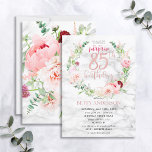 Rosa Peony Wandan Ro Guld Marble Surprise 85:e Inbjudningar<br><div class="desc">Händer ner min favoritdesign hittills, den här fantastiska inbjudan till överraskning ger de vackraste blommigtarna jag någonsin sett - så realistiska de ser ut som foton! Ett andetag av rosa och ädelsten, dahlias, allium bollar, eucalyptus grenar och ett känsligt burgundchrysanthemum runt en 85-årsjubileum-folie från guld på ro, på ovanpå en...</div>