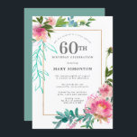 Rosa Peony Watercolor Blommigt 60:e födelsedagen Inbjudningar<br><div class="desc">En vacker och chic blommigt 60-årsinbjudan. Ett tunt guld ram omger texten och förankrar blommigtens utformning. Stora rosor med rosa av hallon placeras i de övre lämnar hörnen och i de nedre högerna av guld ram. Ett stort antal gröna från djupa olivträd till akvarier skapar en modern höftsvamp. Baksidan av...</div>