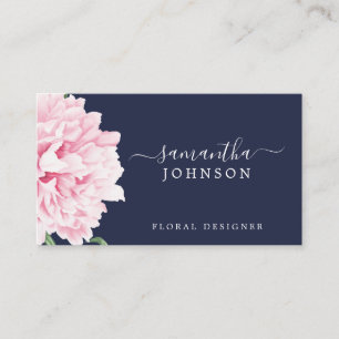 Rosa Peony Watercolor Blommigt Botanical Navy Visitkort