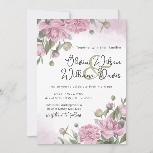 Rosa Peony Watercolor Bröllop  Inbjudningar (Framsida)