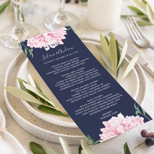 Rosa Peony Watercolor Bröllop Meny (Elegant pink peony botanical floral for your beautiful wedding day reception menu.)