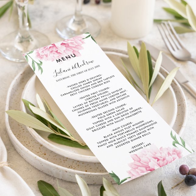 Rosa Peony Watercolor Bröllop Meny (Elegant pink peony botanical floral for your beautiful wedding day reception menu.)