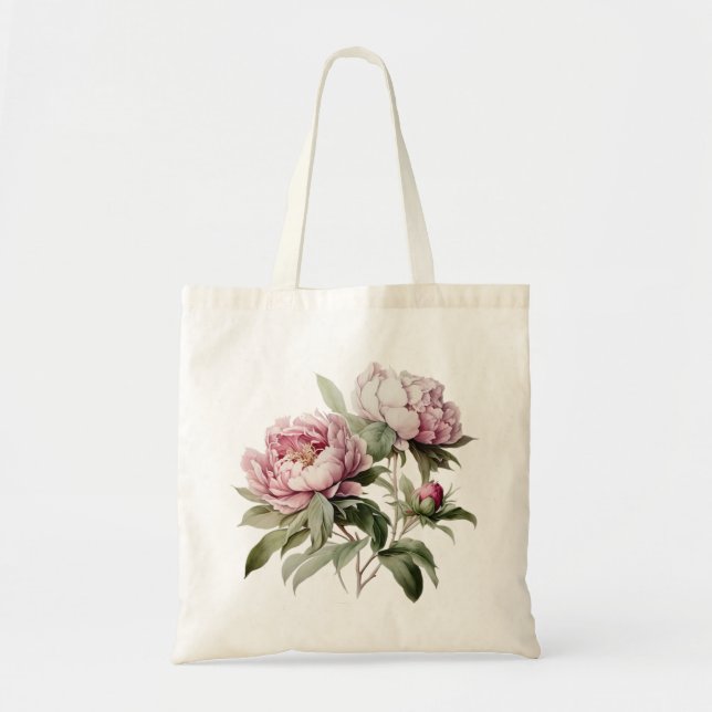 Rosa Peony Watercolor Flowers Blommigt Peonies Tygkasse (Framsidan)