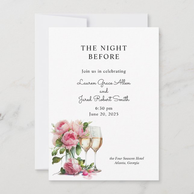 Rosa Peony Watercolor Rehearsal Dinner Inbjudningar (Framsida)