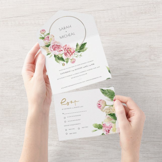  ROSA PEONY WREATH BLOMMIGT WATERCOLOR BRÖLLOP (Avrivbar del)