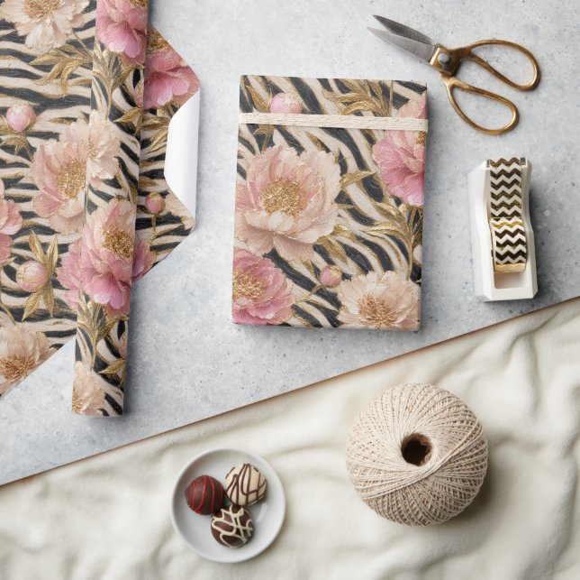 Rosa Peony Zebra Guld Elegant  Presentpapper (Hantverk)