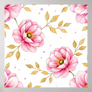 Rosa Peonyblommor Guldbladsmönster Poster