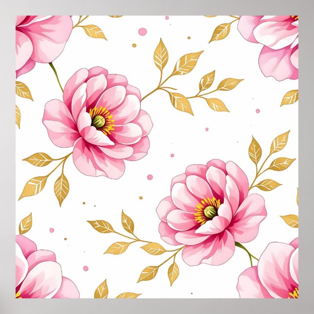 Rosa Peonyblommor Guldbladsmönster Poster (Framsidan)