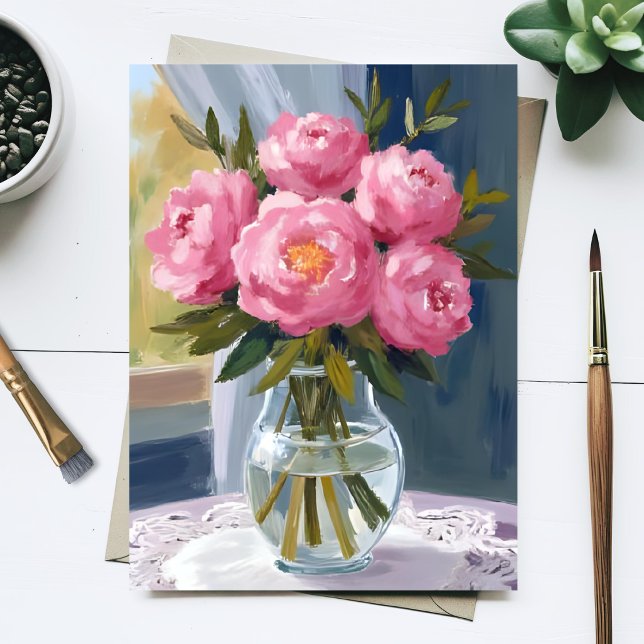 Rosa Peonybukett Vattenfärg Blommålning Vykort (Skapare uppladdad)
