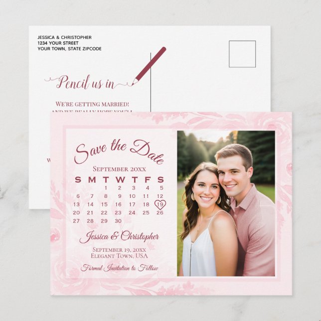 Rosa Peonys Bröllop Spara Datum Kalender Foto Meddelande Vykort (Fram/baksida)