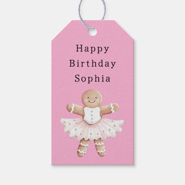 Rosa pepparkakflicka ballerina balett födelsedag presentetikett (Framsidan)