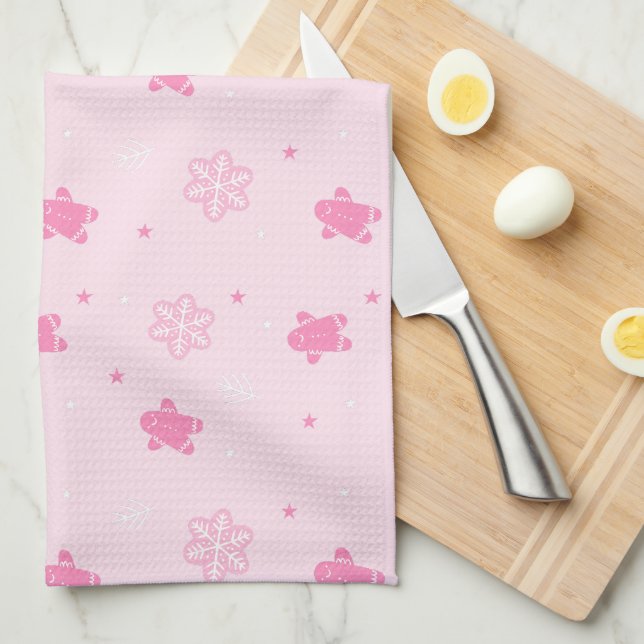 Rosa Pepparkaksgubben jul Snöflingor Mönster Kökshandduk (Vikt i Fjärdedel)