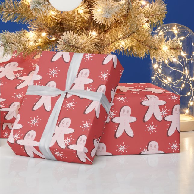 Rosa pepparkakskaka och snöflingor presentpapper (Helgdagar)
