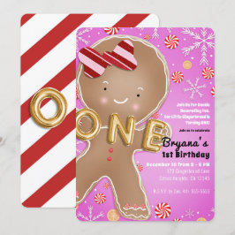 Rosa Pepparmint Gingerbread Man ETT 1-års födelsed Inbjudningar