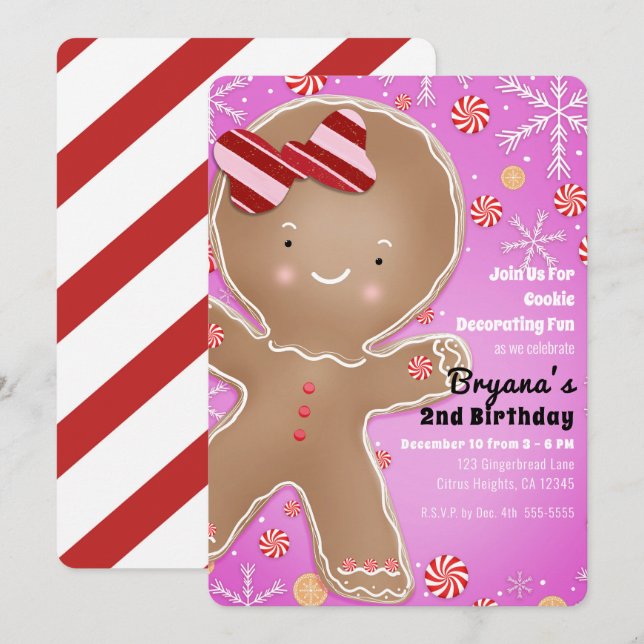 Rosa Pepparmint Gingerbread Man Jul Födelsedag Inbjudningar (Fram/baksida)