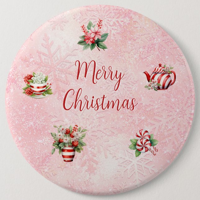Rosa Pepparmynta Jul Tea Party Snöflinga Knapp (Framsida)
