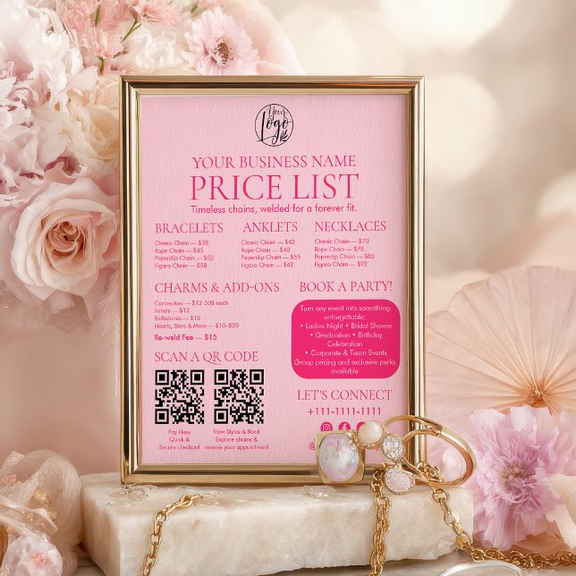 Rosa Permanent Smycken Prislista QR-kod Meny Poster (Pink Permanent Jewelry Price List QR code Menu Poster)