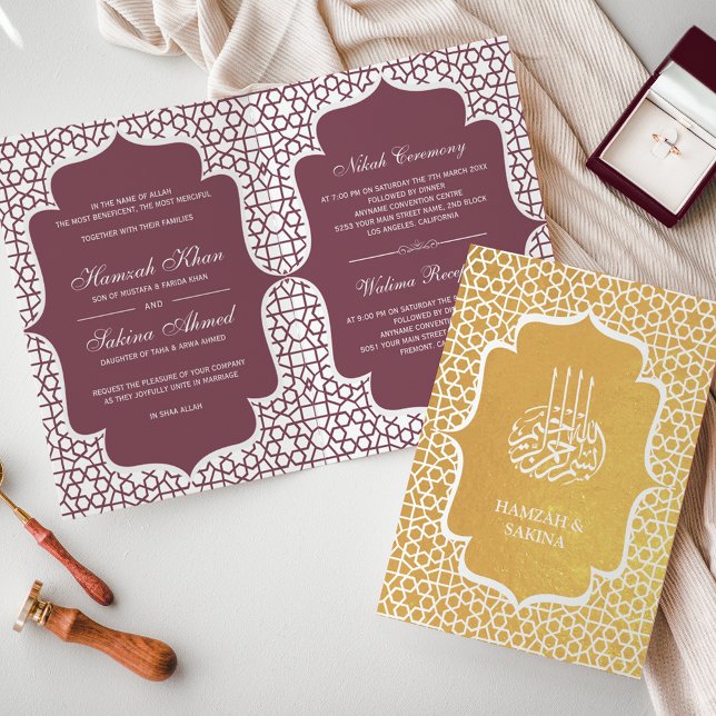 Rosa Persian Gold Foil Muslim Bröllopinbjudan Folierat Kort (Skapare uppladdad)