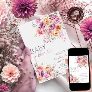Rosa Persika Blommig Akvarell Baby I Knopp Digital Inbjudningar
