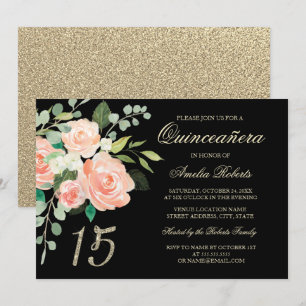 Rosa persika blommig guld glitter Quinceanera Inbjudningar
