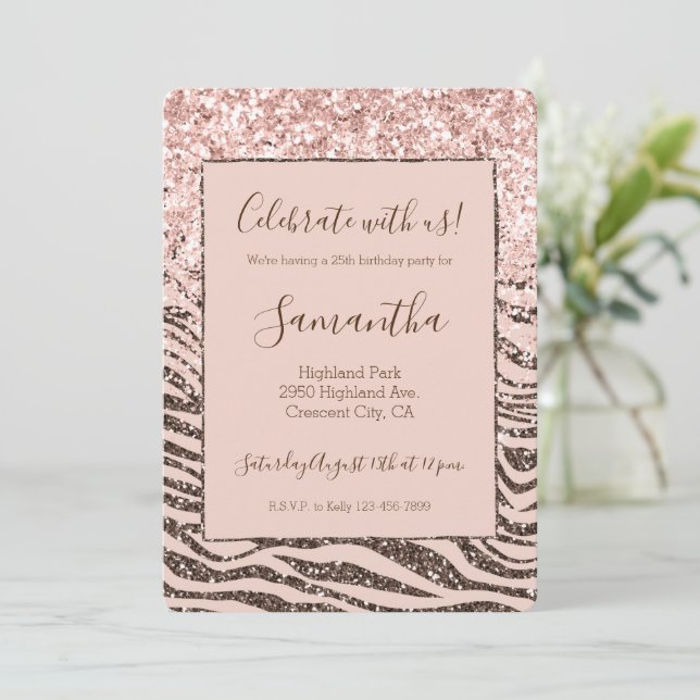 Rosa Persika Choklad Brun Zebra Glittrig Glitter Inbjudningar (Stående Fram)